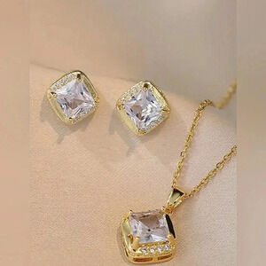 Earrings Necklace Set Square Cubic Zirconia  Minimalist Gift Ready New